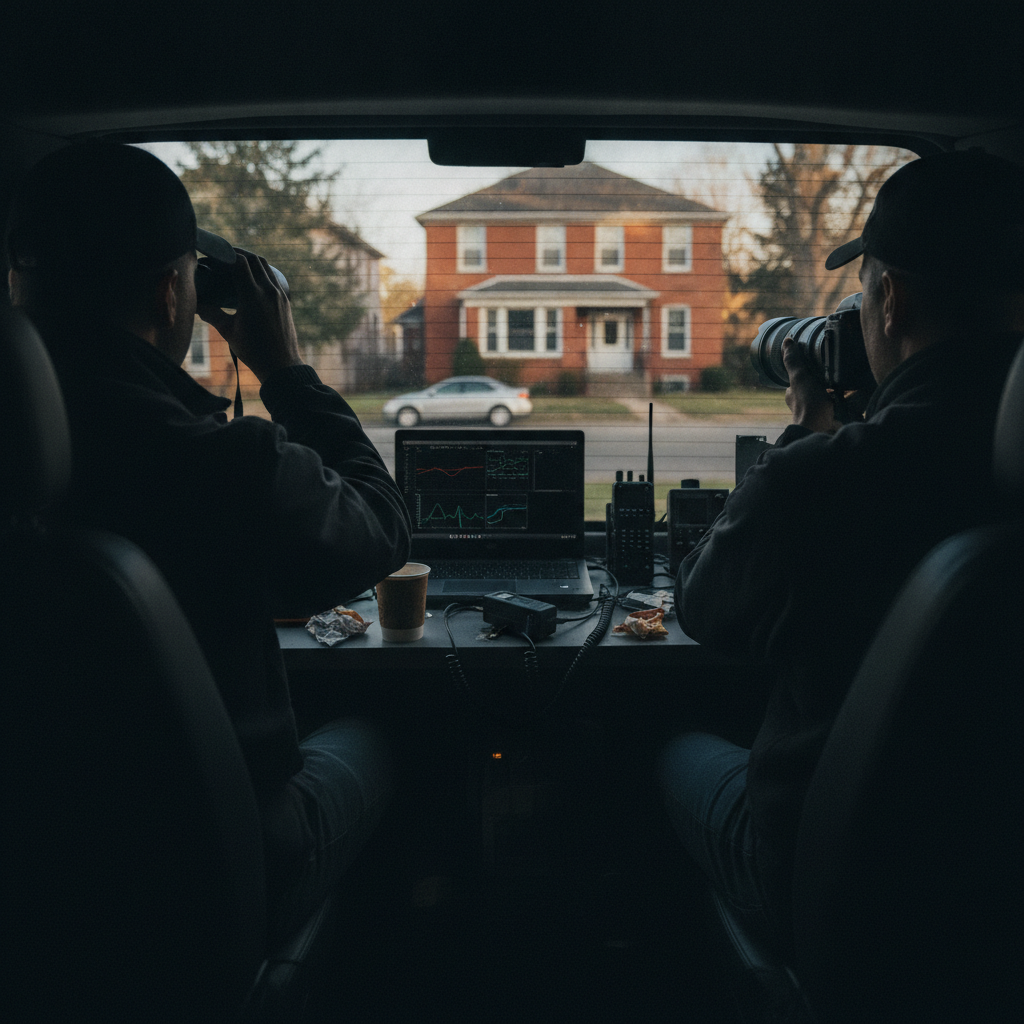 Create a realistic, professional service-business photograph showing Private Investigation Services in progress. People may be present, but only from behind, with the backs of their heads visible. Do not show any faces, facial features, fro
