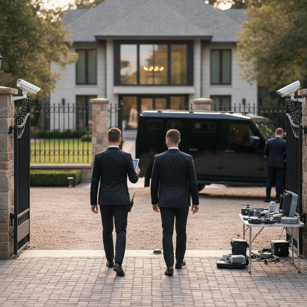 Create a realistic, professional service-business photograph showing Personal Protection Services in progress. People may be present, but only from behind, with the backs of their heads visible. Do not show any faces, facial features, front
