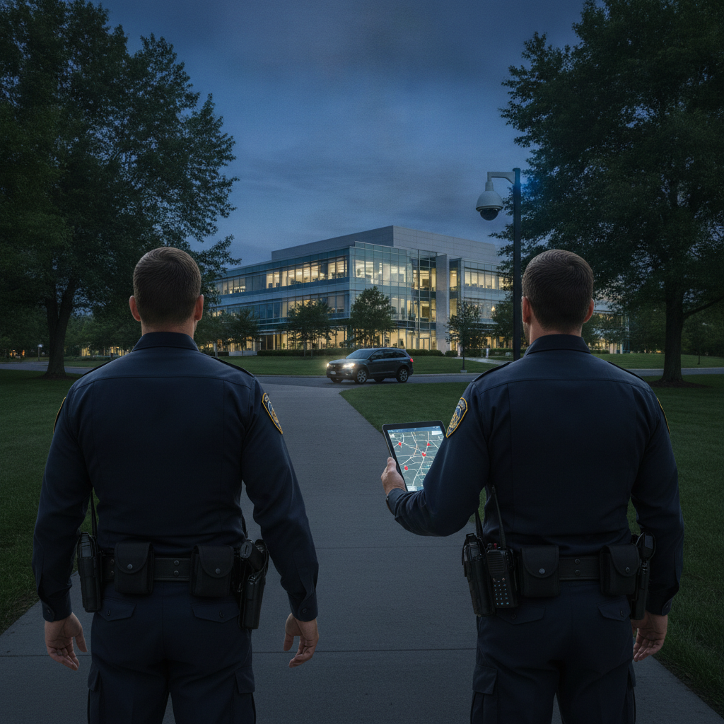 Create a realistic, professional service-business photograph showing Security Guard Services in progress. People may be present, but only from behind, with the backs of their heads visible. Do not show any faces, facial features, front-faci