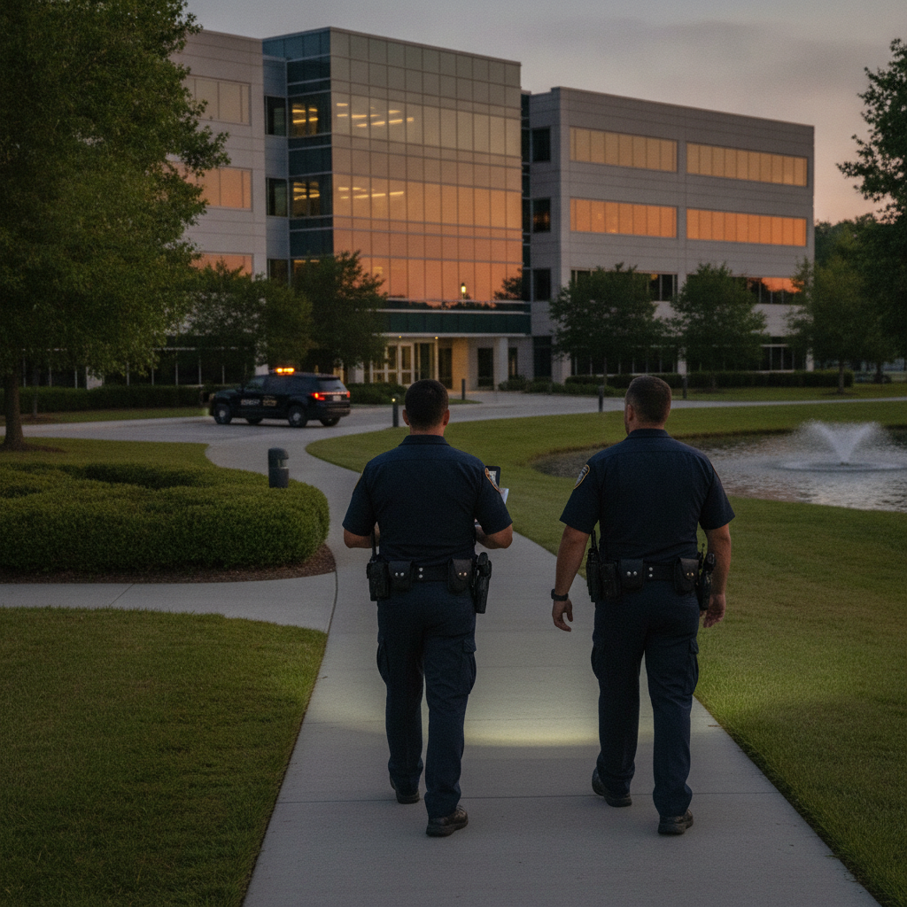 Create a realistic, professional service-business photograph showing Security Guard Services in progress. People may be present, but only from behind, with the backs of their heads visible. Do not show any faces, facial features, front-faci